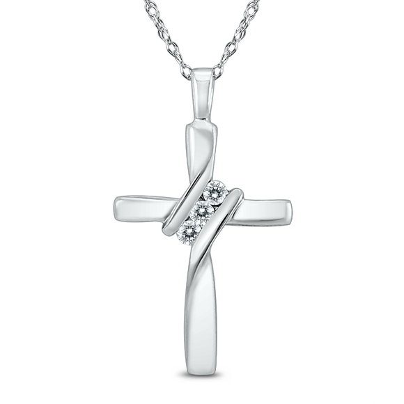 Three Stone Diamond Cross Pendant in 10K White Gold